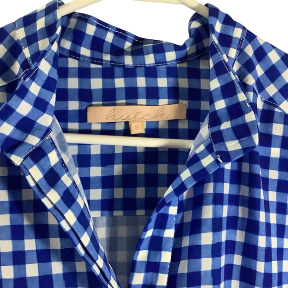 Hutch Blue and White Gingham Shirt Dress Fold Over Sleeve - Picture 3 of 7